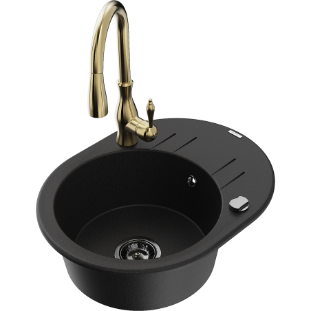 Mexen Kevin 1-bowl granite kitchen sink with drainer and Savita kitchen faucet, black - 6517-77-672601-50-B