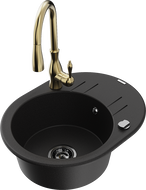 Mexen Kevin granite kitchen sink 1-bowl with drainer and Savita kitchen faucet, black - 6517-77-672601-50-B