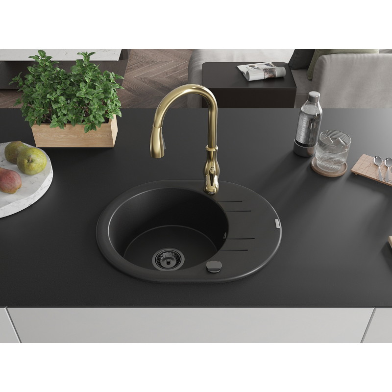 Mexen Kevin 1-bowl granite kitchen sink with drainer and Savita kitchen faucet, black - 6517-77-672601-50-B