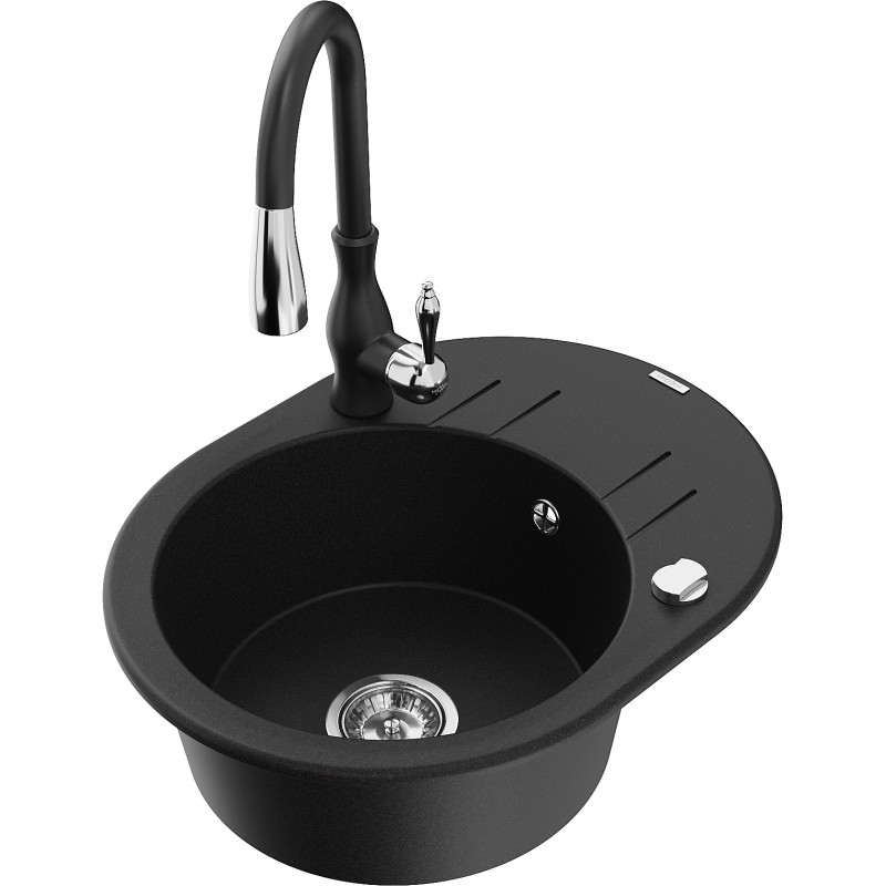 Mexen Kevin 1-bowl granite sink with drainer and Savita kitchen faucet, black - 6517-77-672601-70