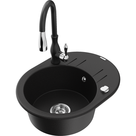 Mexen Kevin granite sink 1-bowl with drainer and kitchen faucet Savita, black - 6517-77-672601-70