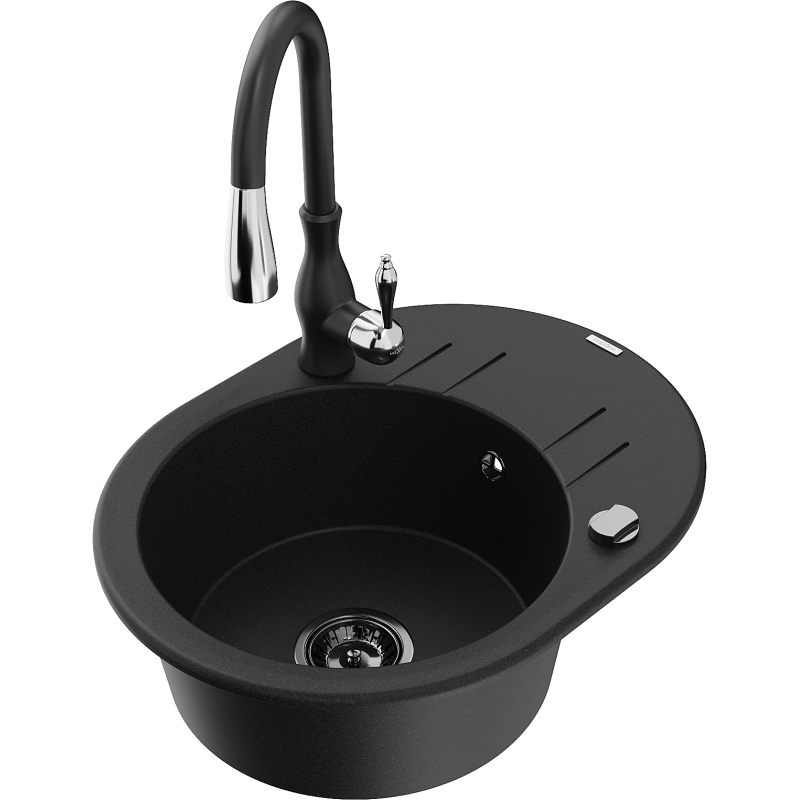 Mexen Kevin 1-compartment granite sink with a drip tray and kitchen mixer tap Savita, Black - 6517-77-672601-70-B