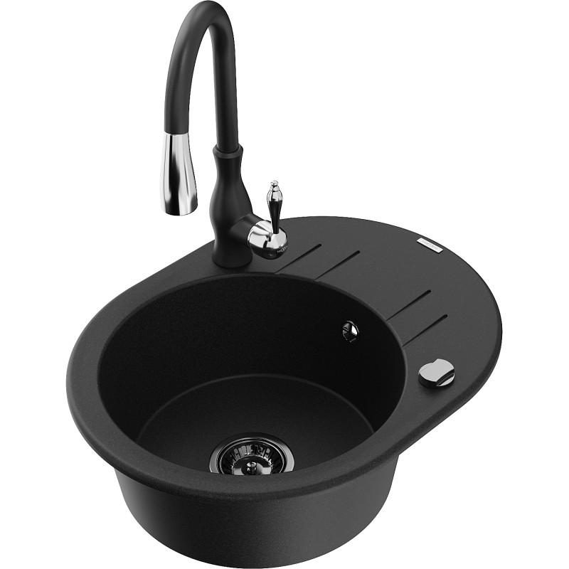 Mexen Kevin granite sink 1-bowl with drainer and Savita kitchen faucet, black - 6517-77-672601-70-B
