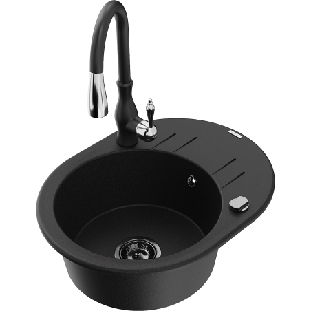 Mexen Kevin 1-compartment granite sink with a drip tray and kitchen mixer tap Savita, Black - 6517-77-672601-70-B