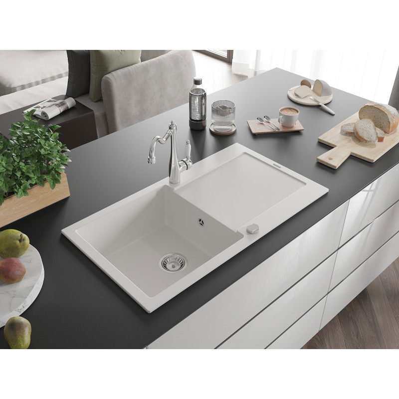 Mexen Leo granite kitchen sink 1-bowl with drainer and Carla kitchen tap, white - 6501-20-670700-00