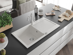 Mexen Leo granite kitchen sink with 1 bowl, drainer, and Carla kitchen faucet, white - 6501-20-670700-00