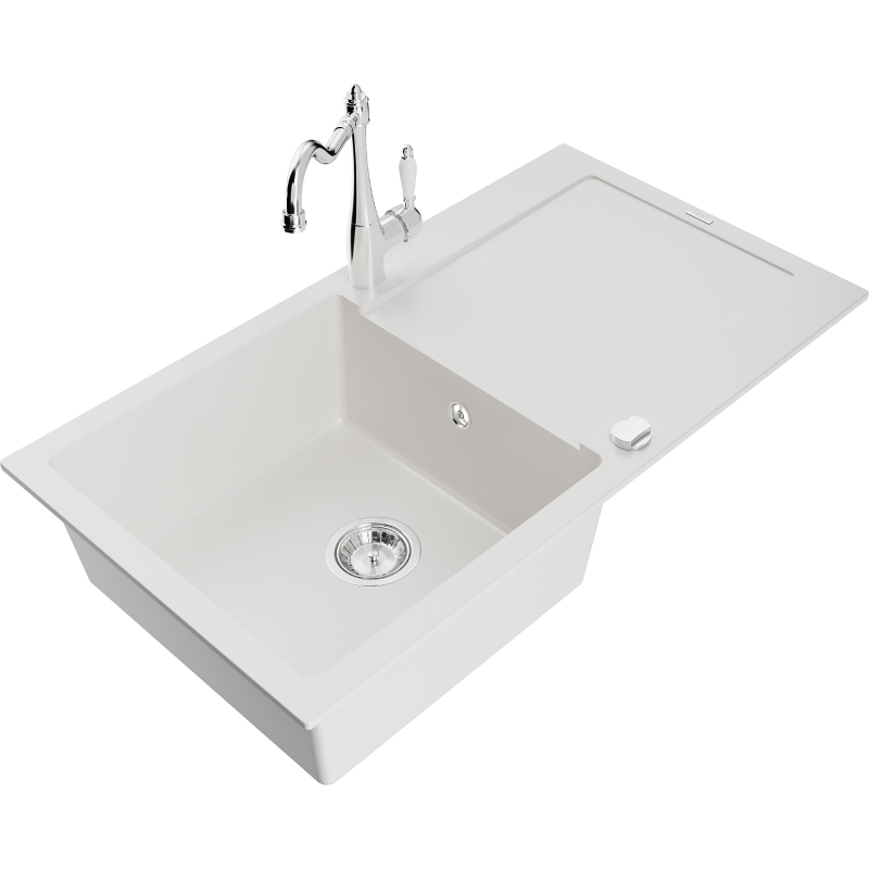 Mexen Leo 1-compartment granite sink with a drip tray and kitchen mixer tap Carla, White - 6501-20-670700-00