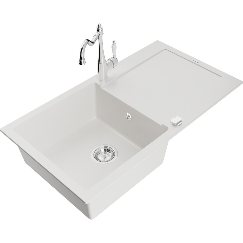 Mexen Leo granite kitchen sink with 1 bowl, drainer, and Carla kitchen faucet, white - 6501-20-670700-00