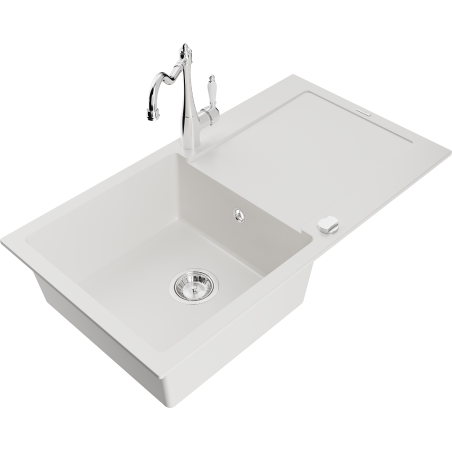 Mexen Leo granite kitchen sink 1-bowl with drainer and Carla kitchen tap, white - 6501-20-670700-00