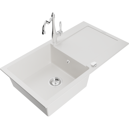 Mexen Leo granite sink 1-bowl with drainer and kitchen faucet Carla, white - 6501-20-670700-00