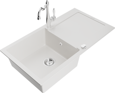 Mexen Leo 1-compartment granite sink with a drip tray and kitchen mixer tap Carla, White - 6501-20-670700-00