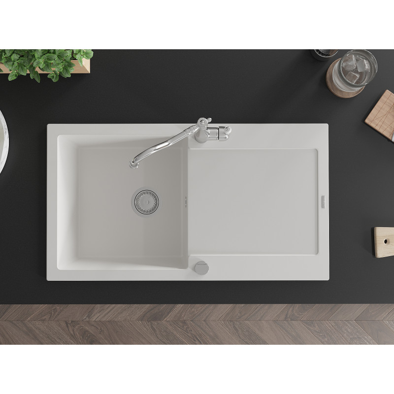 Mexen Leo granite sink 1-bowl with drainer and kitchen faucet Carla, white - 6501-20-670700-00