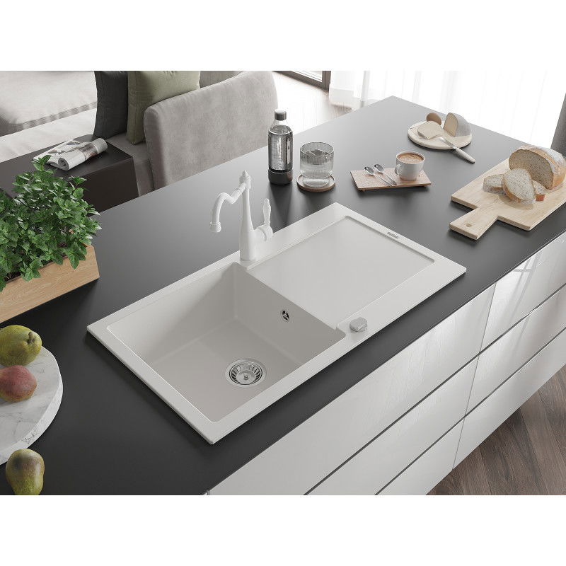 Mexen Leo 1-bowl granite sink with drainer and Carla kitchen tap, white - 6501-20-670700-20