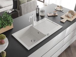 Mexen Leo 1-compartment granite sink with a drip tray and kitchen mixer tap Carla, White - 6501-20-670700-20