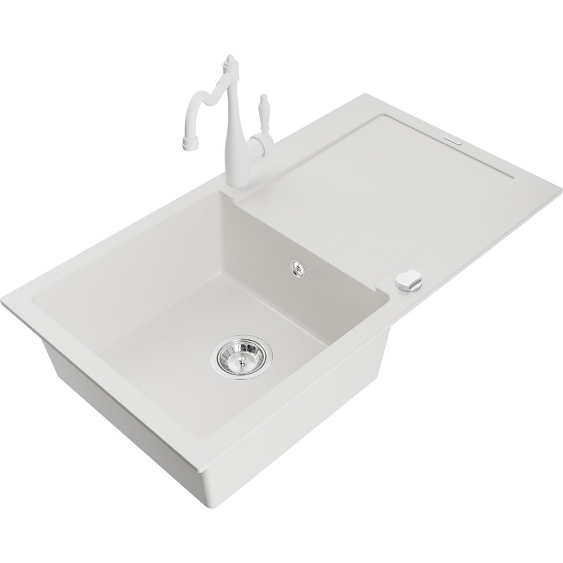 Mexen Leo granite kitchen sink with 1 basin, drainer and Carla faucet, white - 6501-20-670700-20