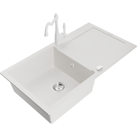 Mexen Leo 1-bowl granite sink with drainer and Carla kitchen tap, white - 6501-20-670700-20