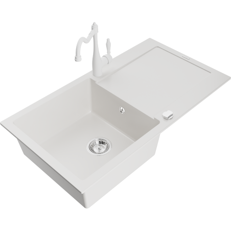Mexen Leo 1-compartment granite sink with a drip tray and kitchen mixer tap Carla, White - 6501-20-670700-20