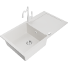 Mexen Leo 1-bowl granite sink with drainer and Carla kitchen tap, white - 6501-20-670700-20