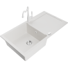 Mexen Leo 1-compartment granite sink with a drip tray and kitchen mixer tap Carla, White - 6501-20-670700-20