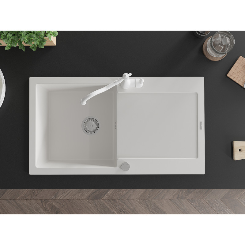 Mexen Leo granite sink 1-bowl with drainer and Carla kitchen faucet, white - 6501-20-670700-20