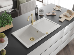 Mexen Leo 1-bowl granite sink with drainer and kitchen faucet Carla, white - 6501-20-670700-50