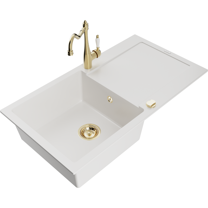 Mexen Leo 1-bowl granite sink with drainer and Carla kitchen faucet, white - 6501-20-670700-50