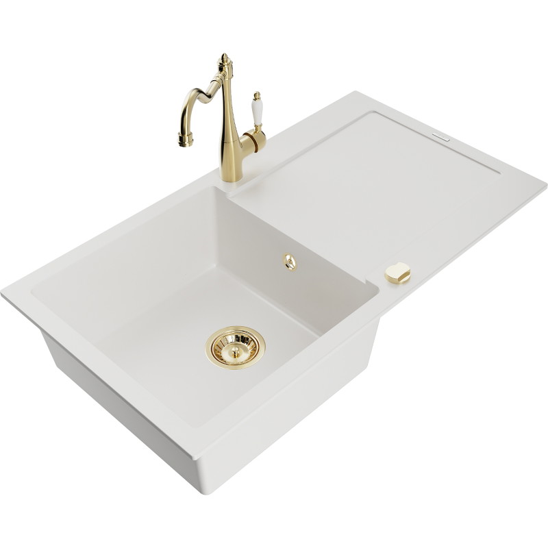 Mexen Leo 1-bowl granite sink with drainer and kitchen faucet Carla, white - 6501-20-670700-50