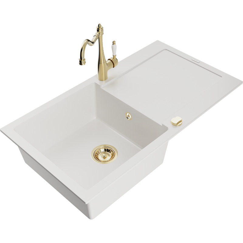 Mexen Leo granite sink 1-bowl with drainer and Carla kitchen tap, white - 6501-20-670700-50