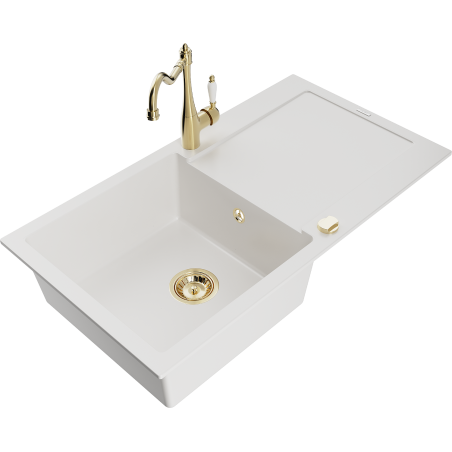 Mexen Leo 1-bowl granite sink with drainer and Carla kitchen faucet, white - 6501-20-670700-50