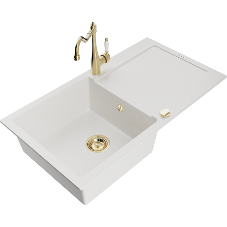 Mexen Leo granite sink 1-bowl with drainer and Carla kitchen tap, white - 6501-20-670700-50