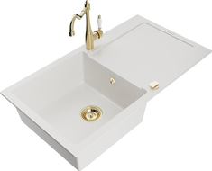 Mexen Leo 1-bowl granite sink with drainer and kitchen faucet Carla, white - 6501-20-670700-50