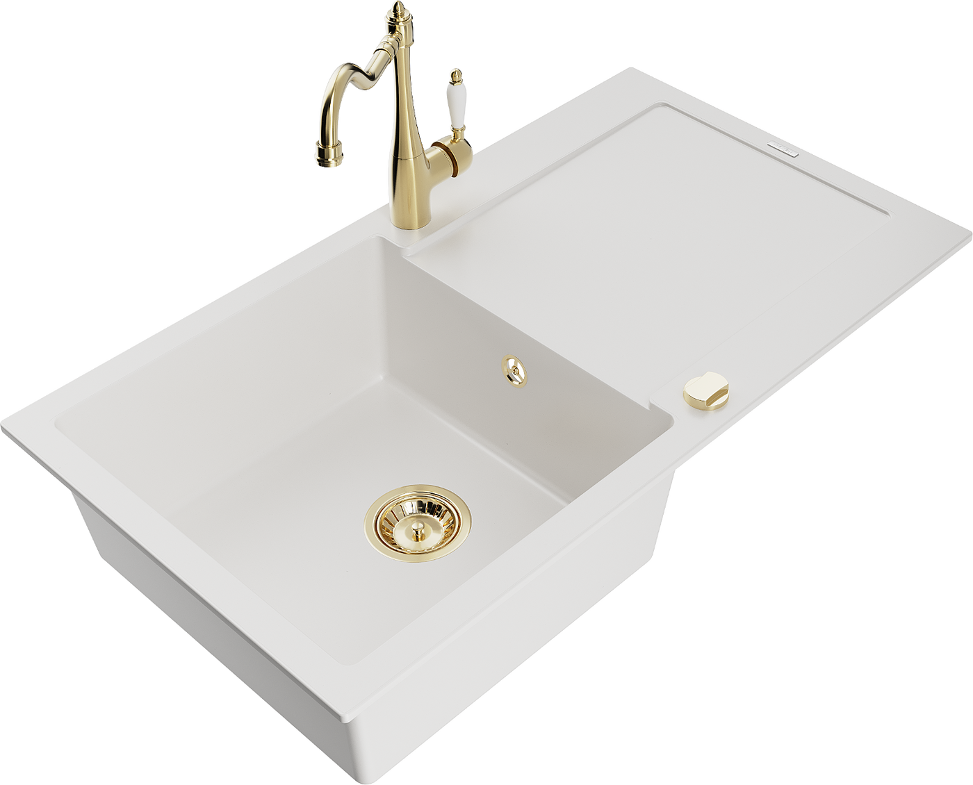 Mexen Leo 1-compartment granite sink with a drip tray and kitchen mixer tap Carla, White - 6501-20-670700-50