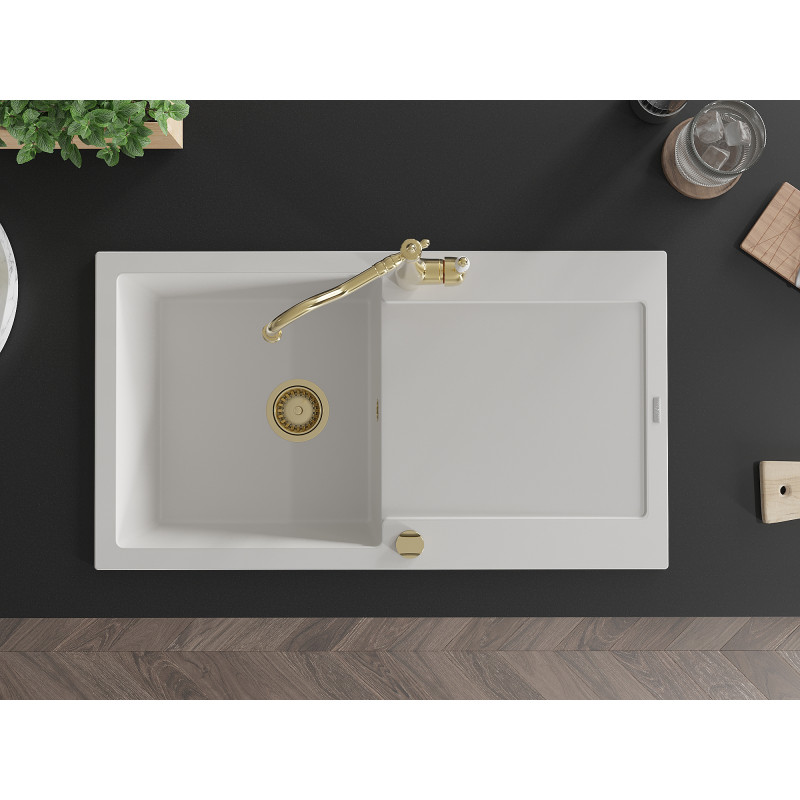 Mexen Leo 1-bowl granite sink with drainer and Carla kitchen faucet, white - 6501-20-670700-50