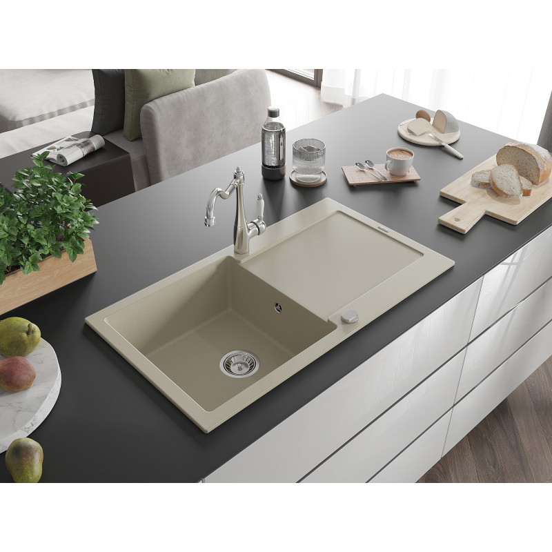 Mexen Leo 1-bowl granite sink with drainer and Carla kitchen faucet, beige - 6501-69-670700-00