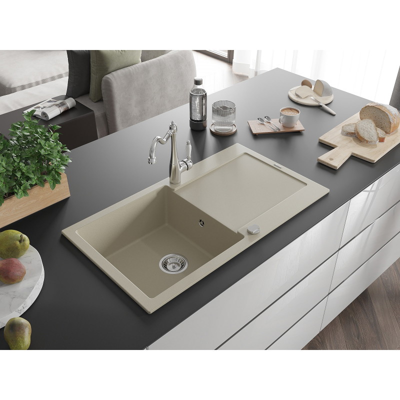 Mexen Leo 1-Bowl Granite Sink with Drainer and Kitchen Faucet Carla, Beige - 6501-69-670700-00
