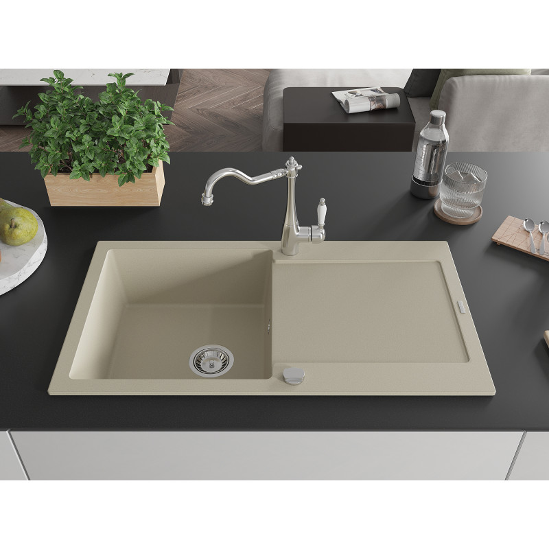 Mexen Leo 1-bowl granite sink with drainer and Carla kitchen faucet, beige - 6501-69-670700-00