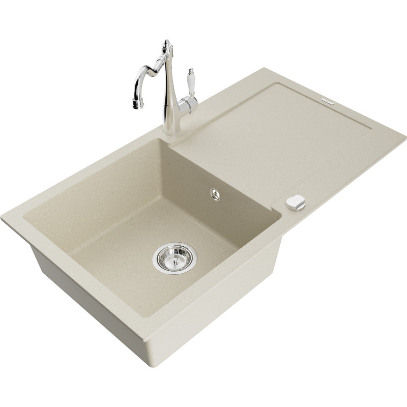 Mexen Leo 1-Bowl Granite Sink with Drainer and Kitchen Faucet Carla, Beige - 6501-69-670700-00