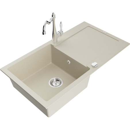 Mexen Leo 1-compartment granite sink with a drip tray and kitchen mixer tap Carla, Beige - 6501-69-670700-00