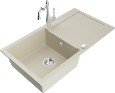 Mexen Leo 1-compartment granite sink with a drip tray and kitchen mixer tap Carla, Beige - 6501-69-670700-00
