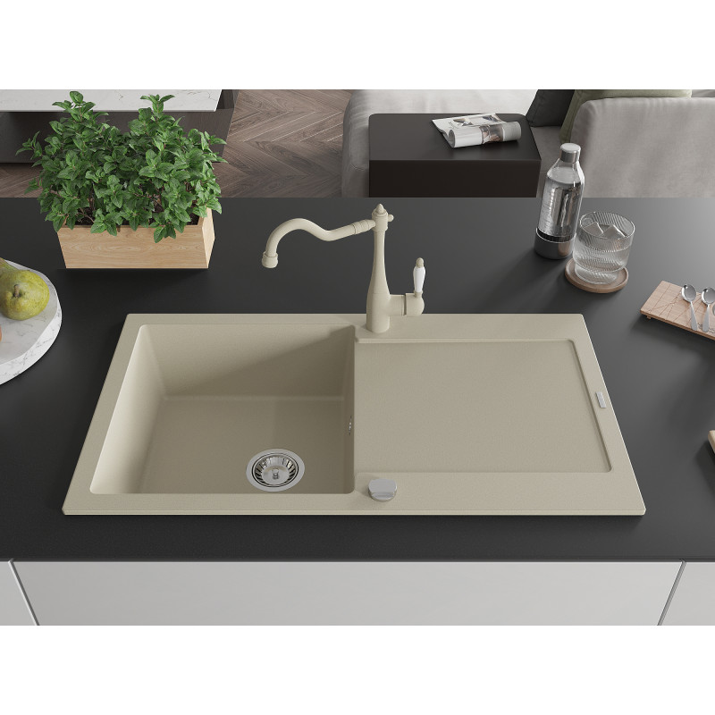 Mexen Leo 1-bowl granite sink with drainer and kitchen faucet Carla, beige - 6501-69-670700-69