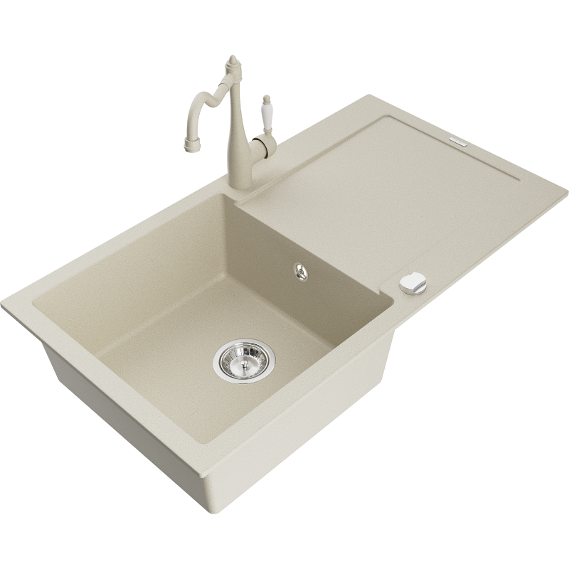 Mexen Leo 1-bowl granite sink with drainer and Carla kitchen tap, beige - 6501-69-670700-69
