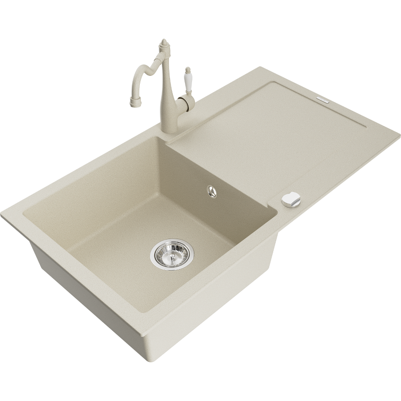Mexen Leo 1-bowl granite sink with drainer and kitchen faucet Carla, beige - 6501-69-670700-69