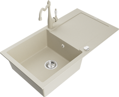 Mexen Leo 1-compartment granite sink with a drip tray and kitchen mixer tap Carla, Beige - 6501-69-670700-69