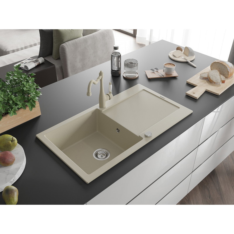 Mexen Leo 1-bowl granite sink with drainer and kitchen faucet Carla, beige - 6501-69-670700-69