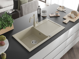 Mexen Leo granite sink 1-bowl with drainer and kitchen faucet Carla, beige - 6501-69-670700-69