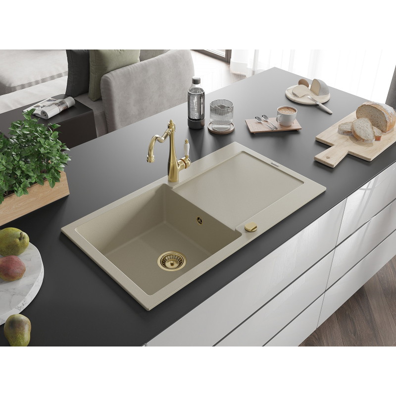Mexen Leo granite kitchen sink 1-bowl with drainer and kitchen faucet Carla, beige - 6501-69-670700-50