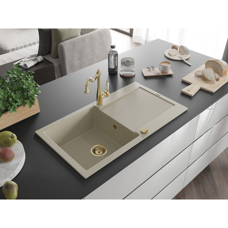 Mexen Leo Granite Sink 1-Bowl with Drainer and Carla Kitchen Tap, Beige - 6501-69-670700-50