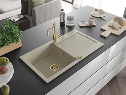 Mexen Leo 1-compartment granite sink with a drip tray and kitchen mixer tap Carla, Beige - 6501-69-670700-50