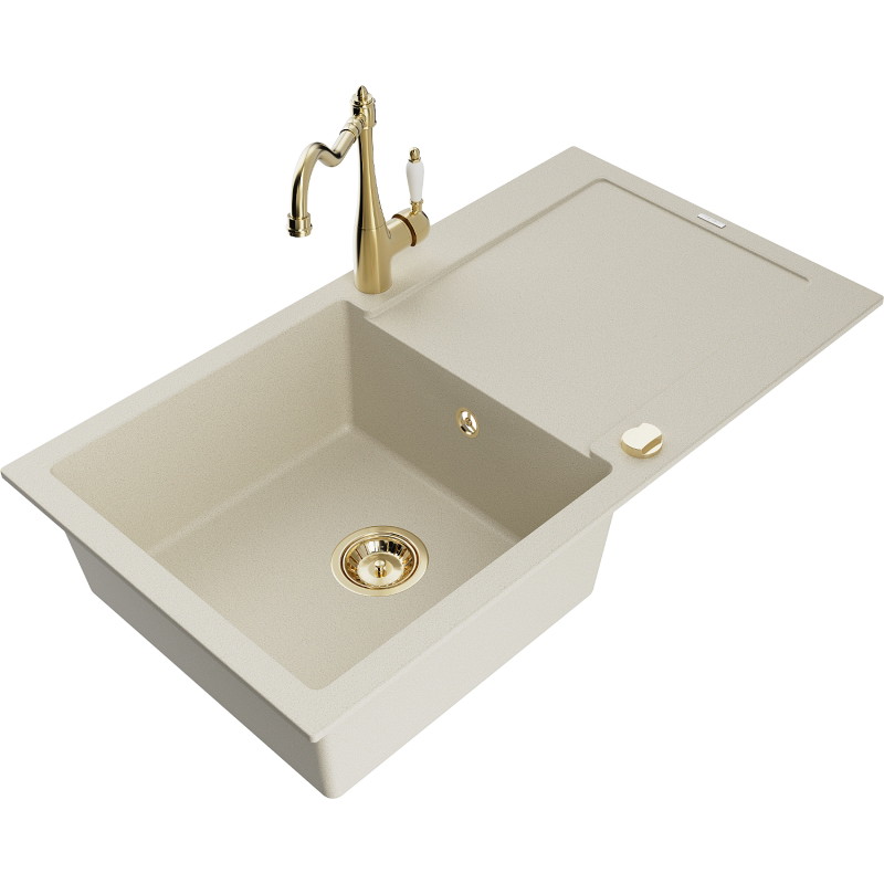 Mexen Leo granite kitchen sink 1-bowl with drainer and kitchen faucet Carla, beige - 6501-69-670700-50