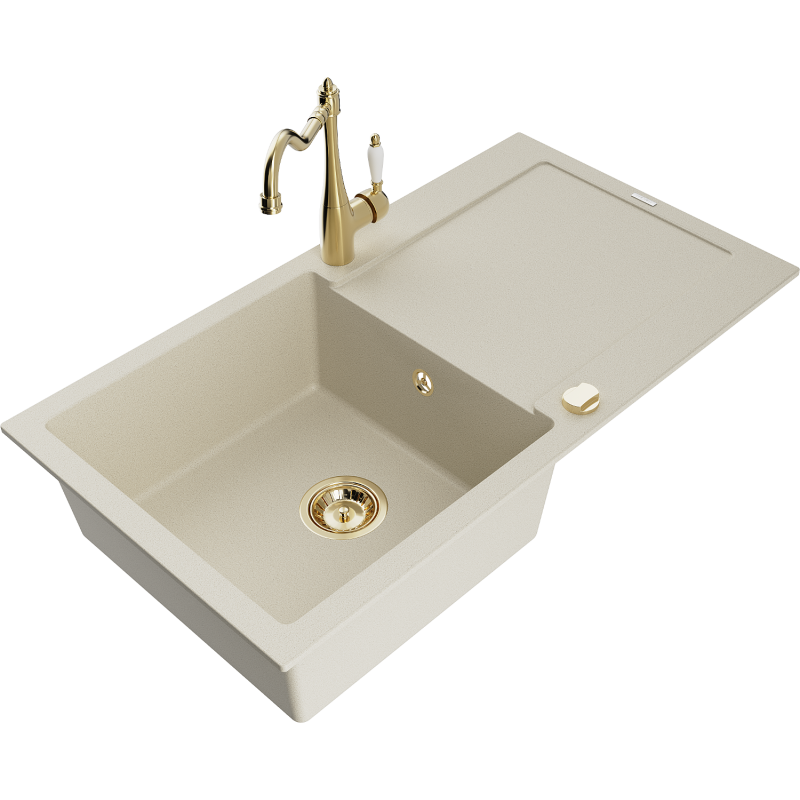 Mexen Leo granite sink 1-bowl with drainer and kitchen faucet Carla, beige - 6501-69-670700-50